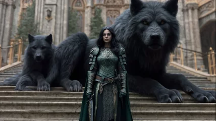 Пример нейросети Kling 2.5, девушка идет по лестнице с волками