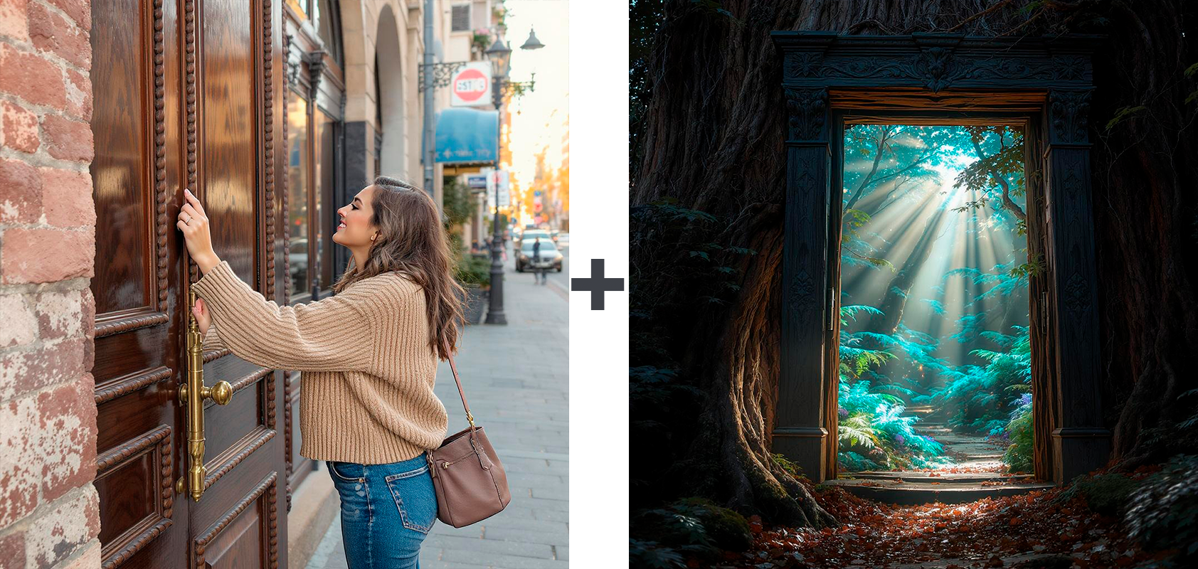 Пример: девушка открывает дверь, а за ней сказочное место