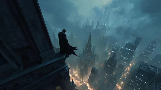 Пример нейросети Seedance, Бэтмен прыгает с крыши летит