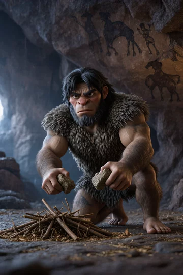 Пример Seedance Ai: Пещерный человек разжигает огонь